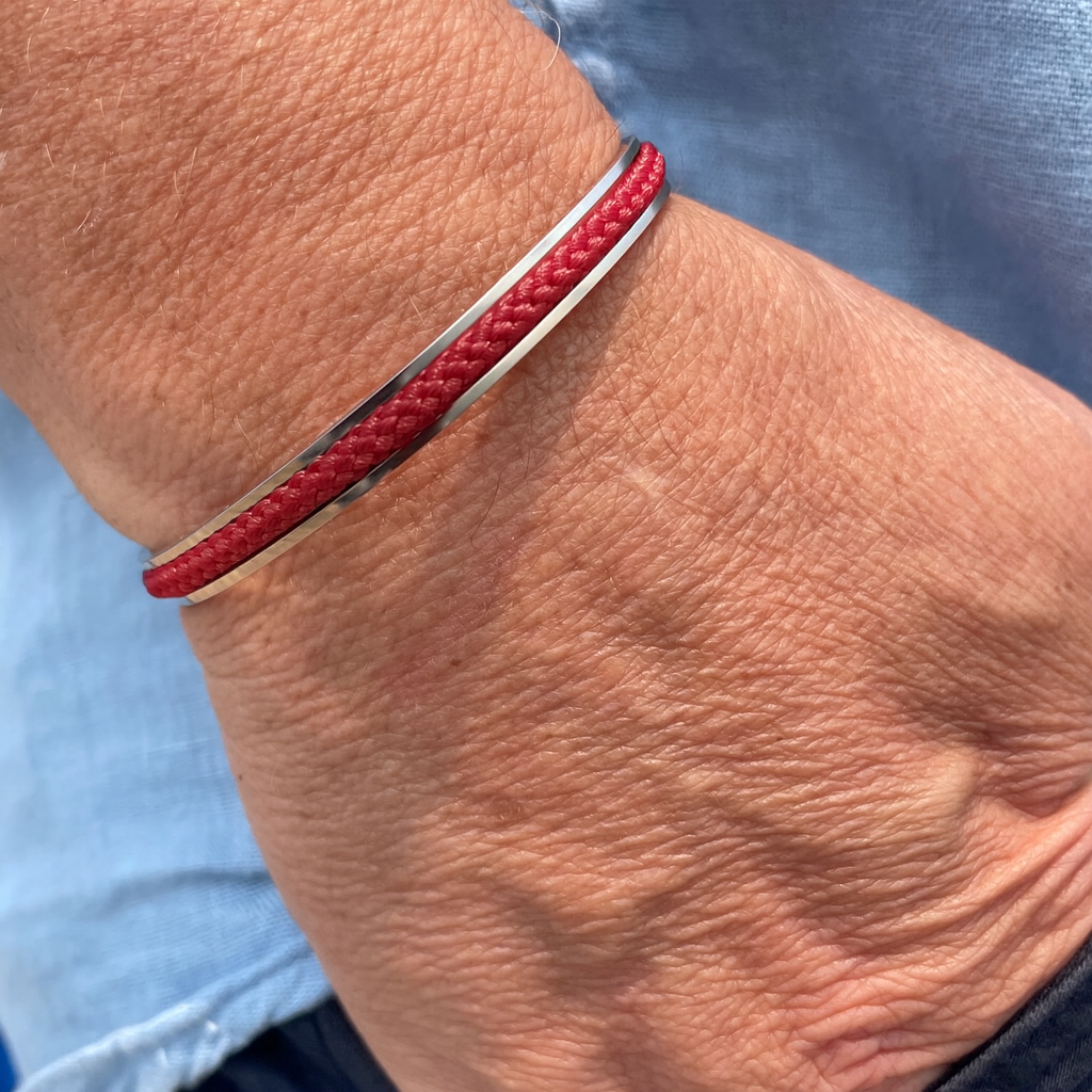 Corfu - Stainless Steel Cuff with Red Braid