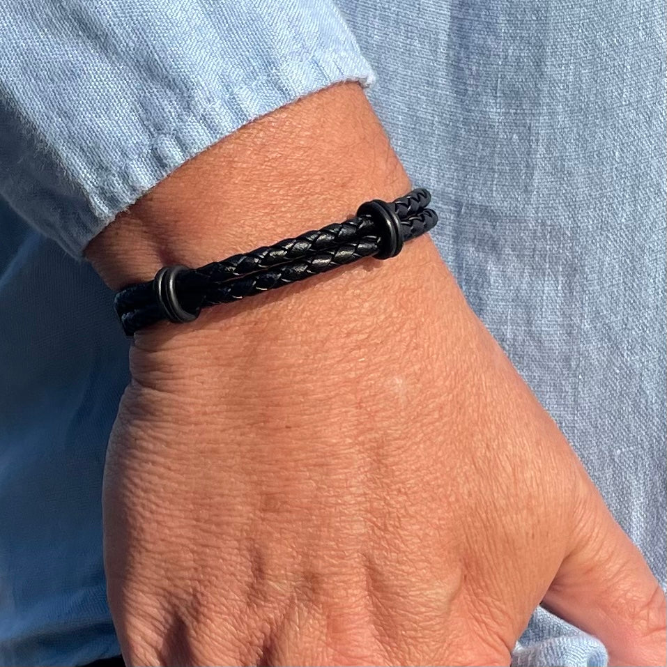 Elba - Black Braided Leather Stack Bracelet