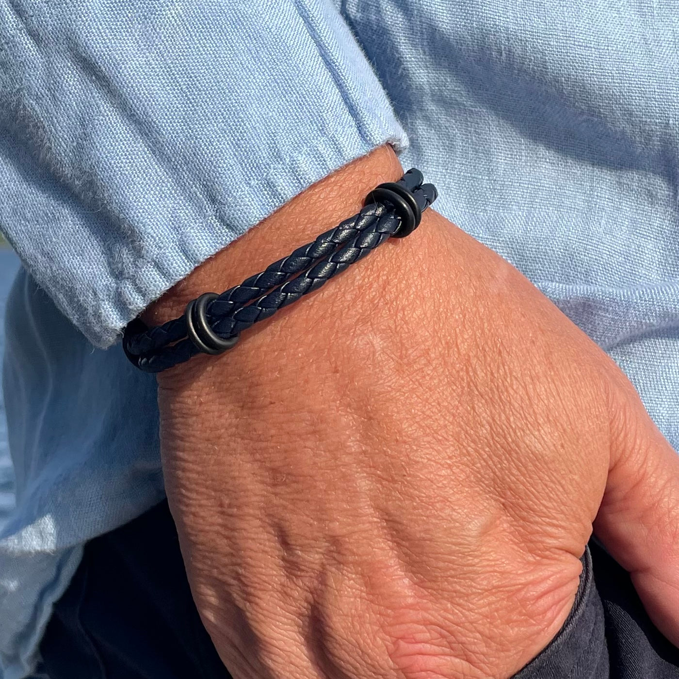Elba - Navy Blue Braided Leather Stack Bracelet