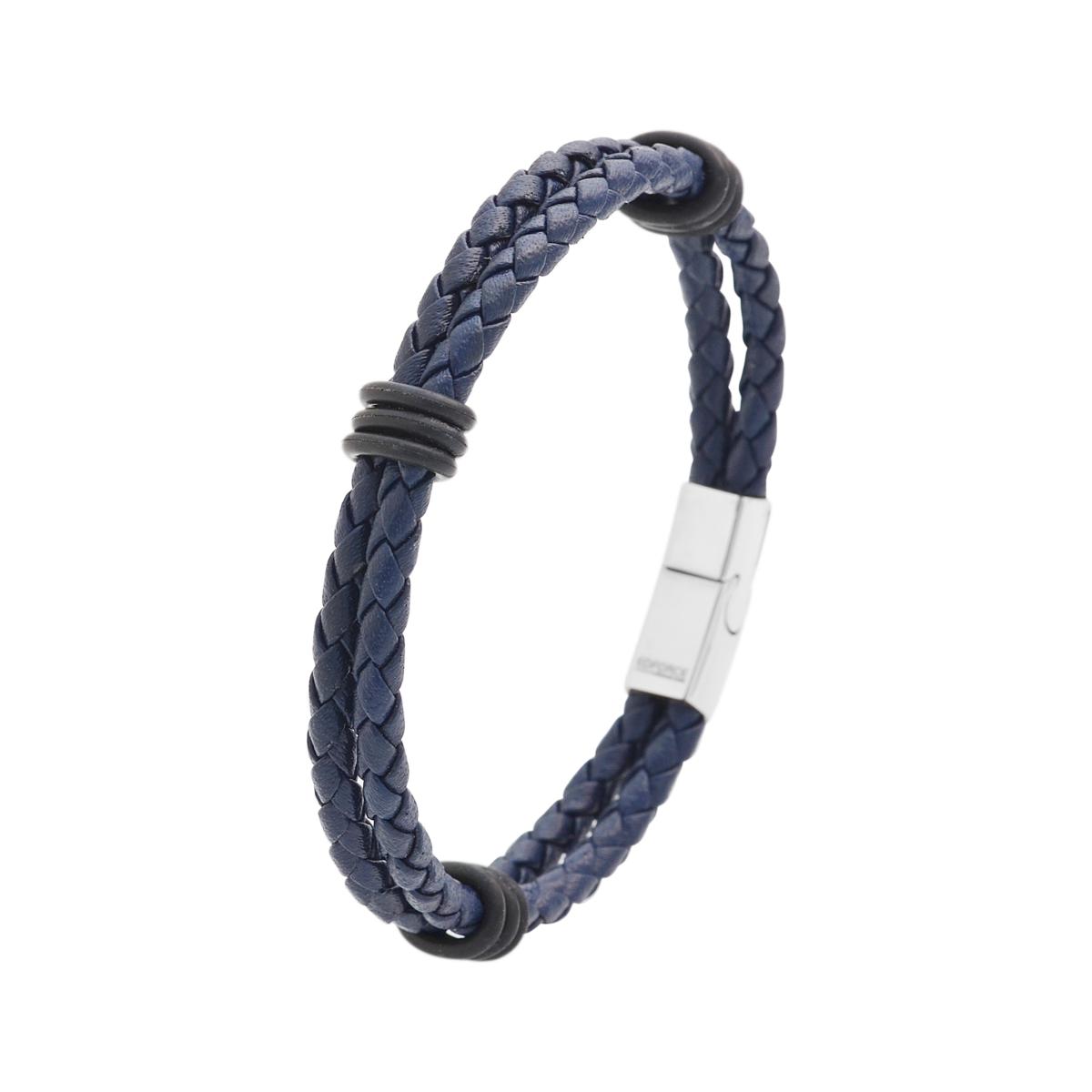 Elba - Navy Blue Braided Leather Stack Bracelet