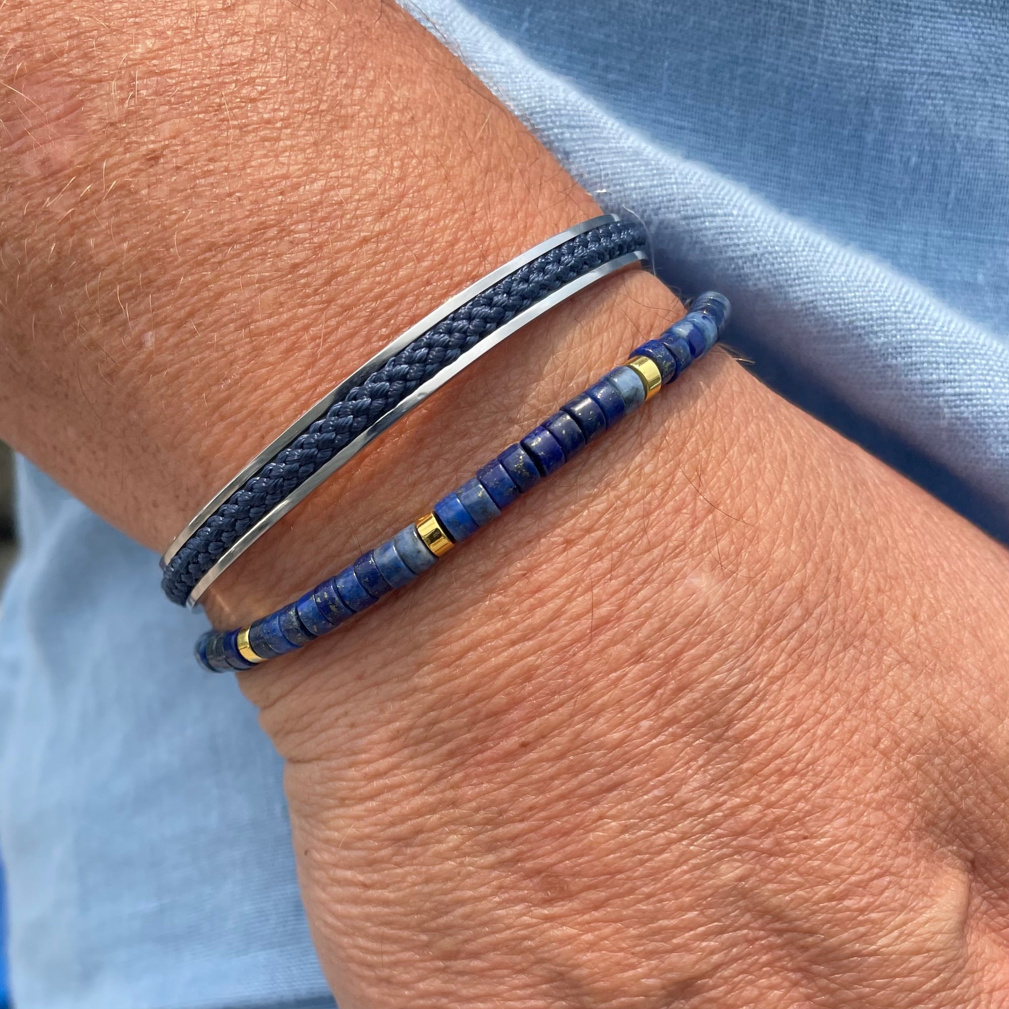 Corfu - Stainless Steel Cuff with Navy Blue Braid