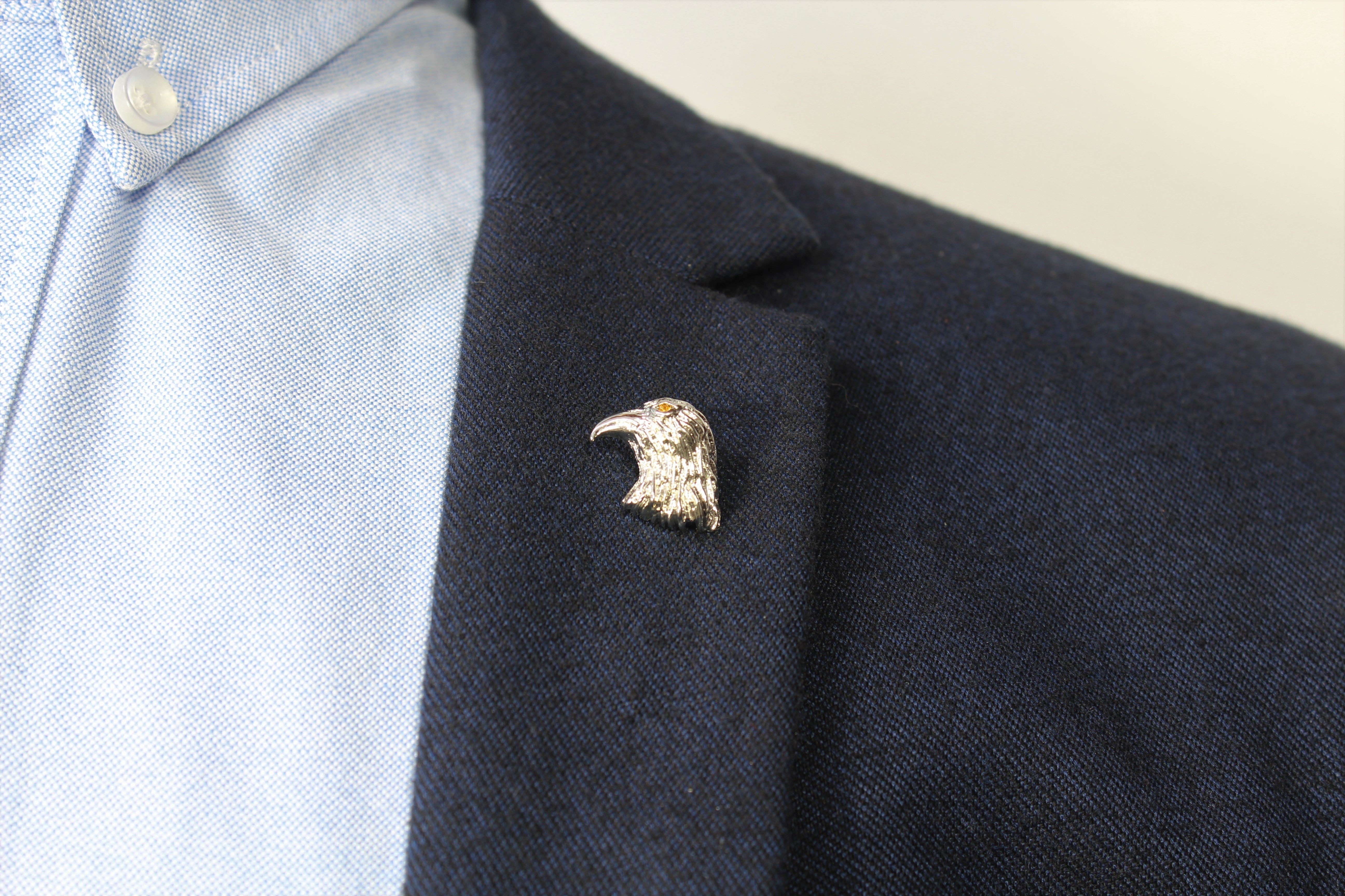 Hawk Head Lapel Pin on blazer - Stolen Riches