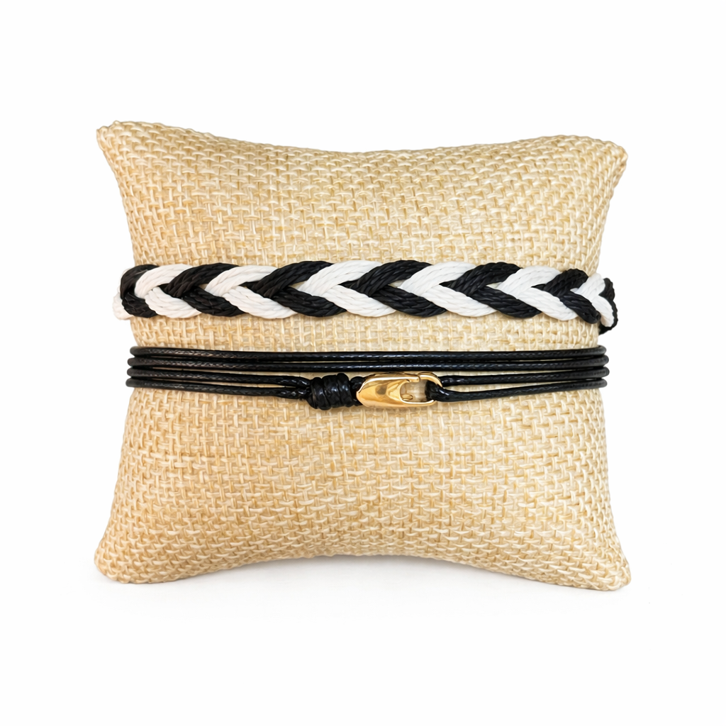 Azores Stack - Black and White Friendship Bracelet with Black String Bracelet