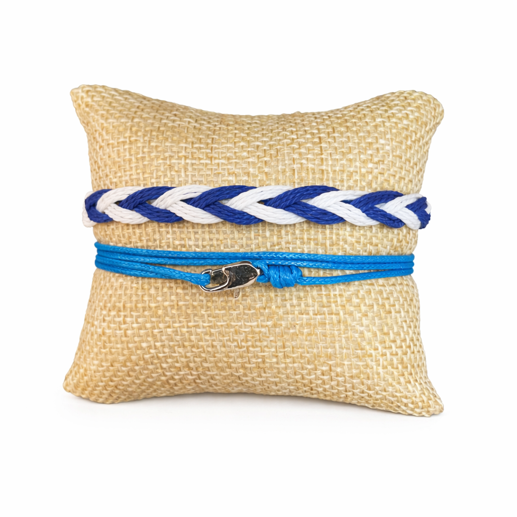 Azores Stack - Blue and White Friendship Bracelet with Turquoise Blue String Bracelet