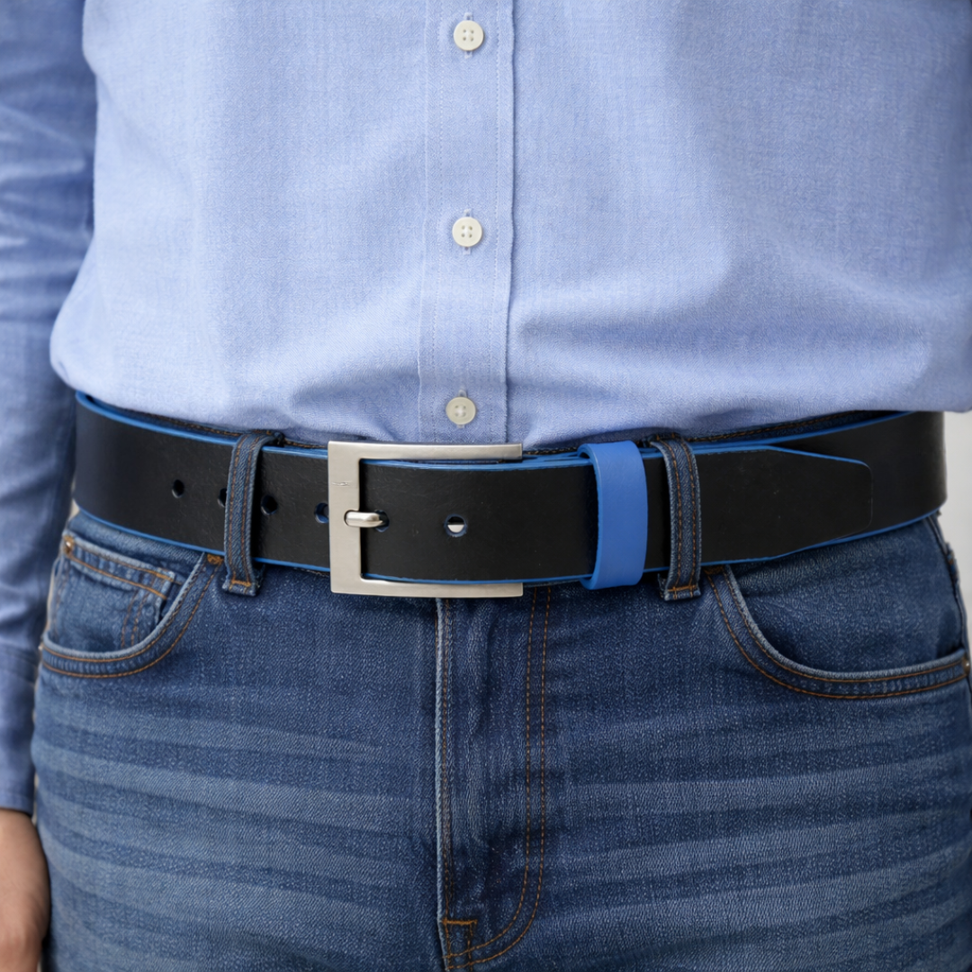 Black leather belt with Blue Trim and Keeper