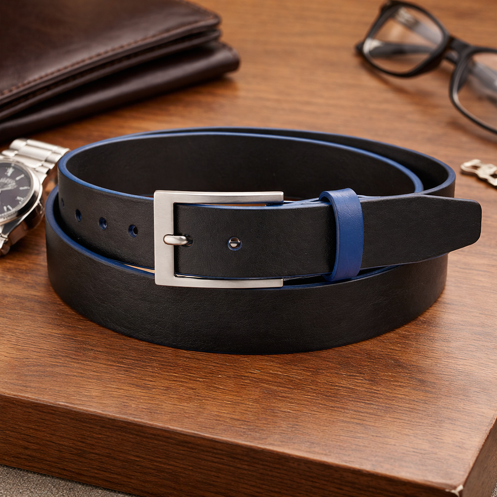 Black leather belt with Blue Trim and Keeper
