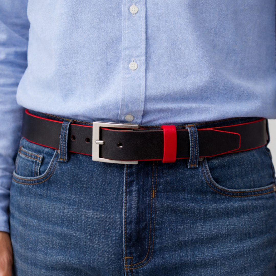 Black leather belt with Red Trim and Keeper