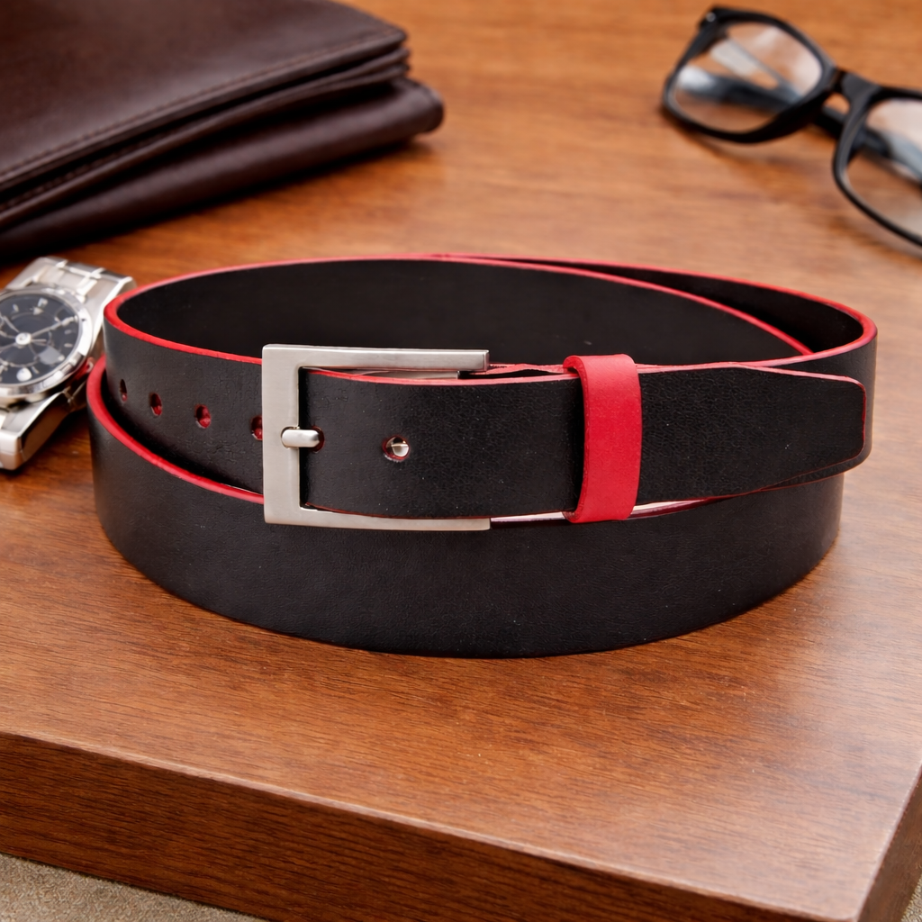 Black leather belt with Red Trim and Keeper
