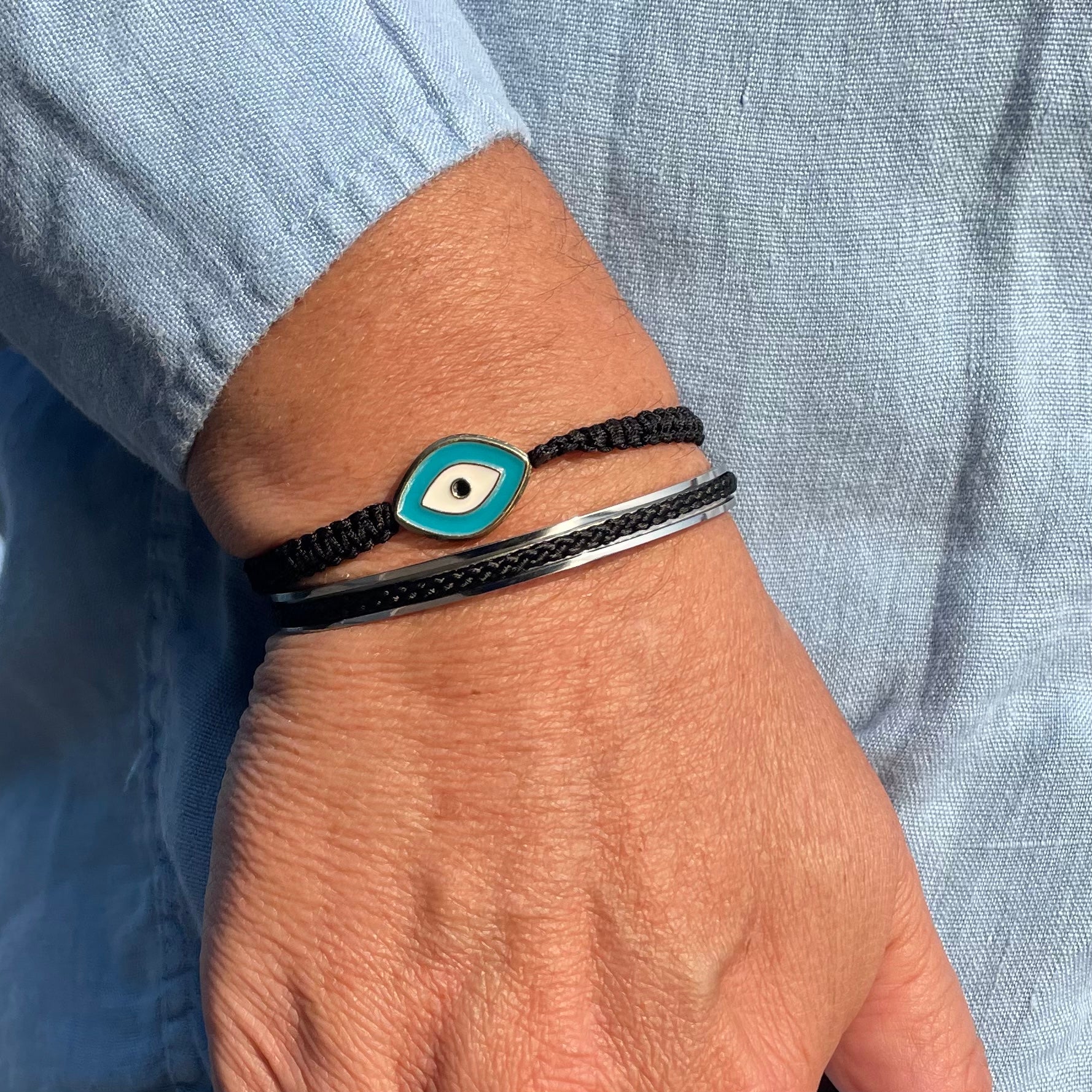 Corfu - Stainless Steel Cuff with Black Braid