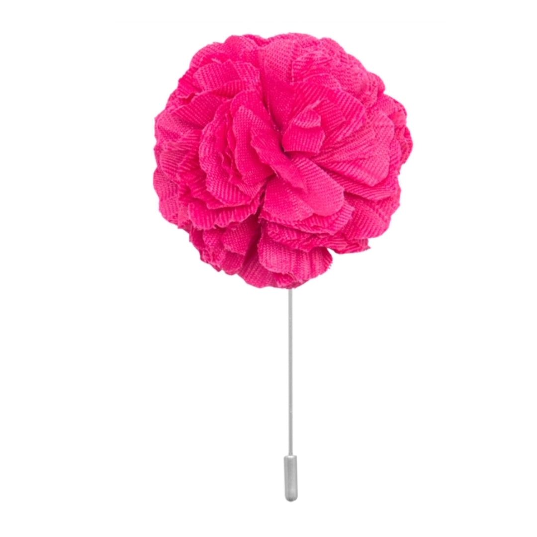 pink cotton flower lapel pin on white background men’s boutonniere
