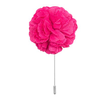 pink cotton flower lapel pin on white background men’s boutonniere
