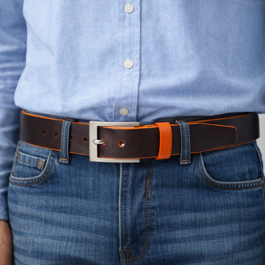 Brown leather belt with Orange Trim and Keeper