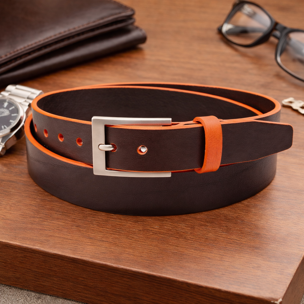 Brown leather belt with Orange Trim and Keeper
