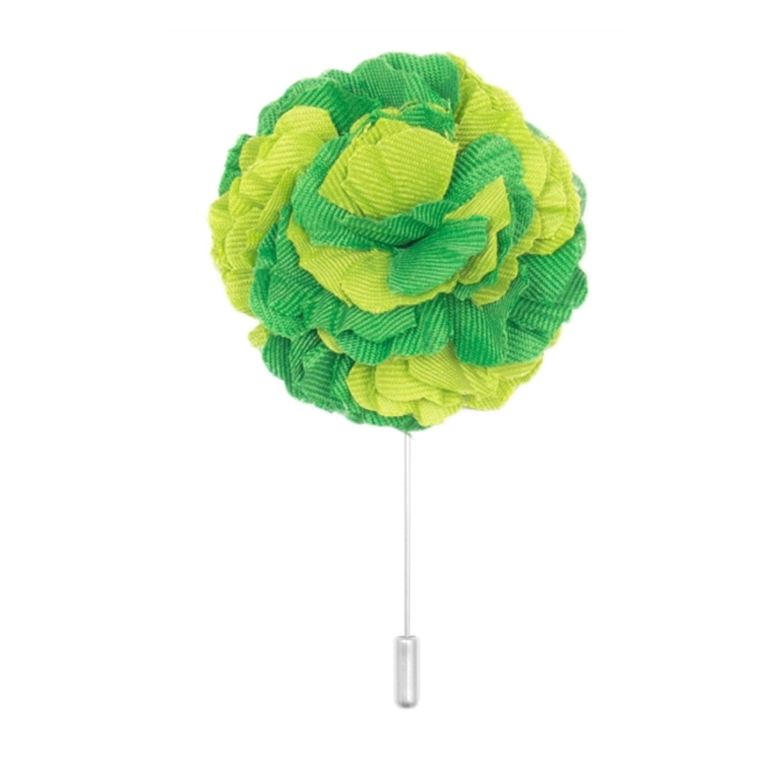 bright green and light green cotton flower lapel pin on white background men’s boutonniere
