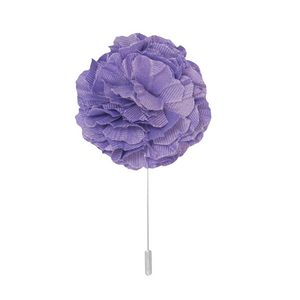 lavender cotton flower lapel pin on white background men’s boutonniere
