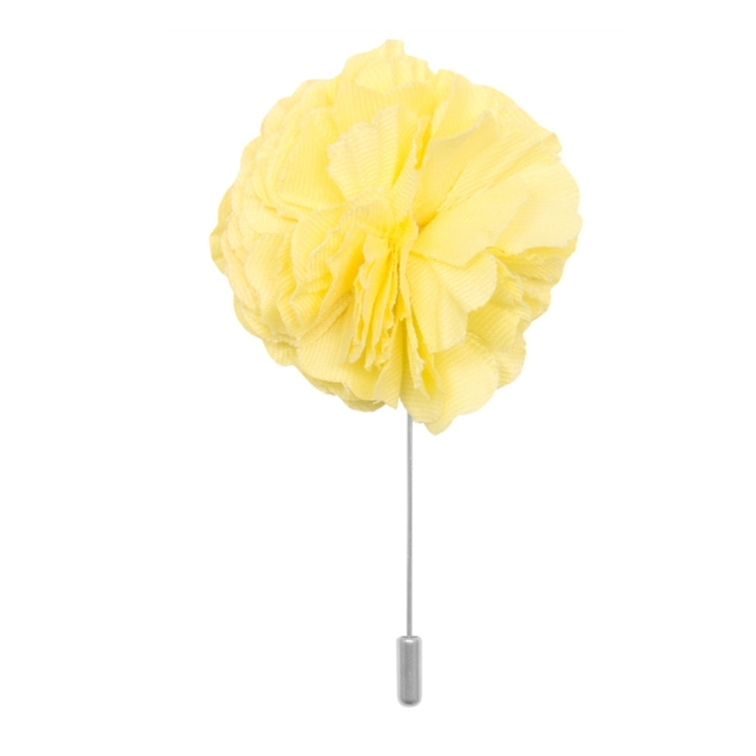 Light Yellow cotton flower lapel pin on white background men’s boutonniere
