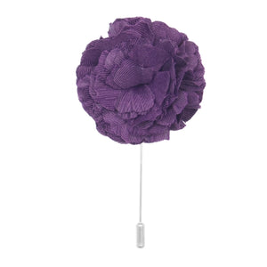 maroon cotton flower lapel pin on white background men’s boutonniere
