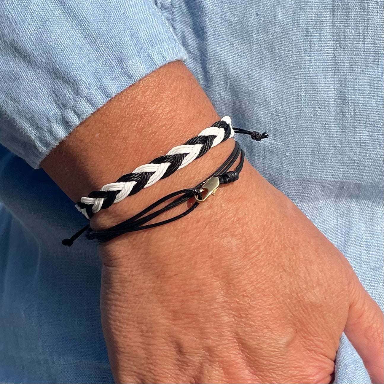 Azores Stack - Black and White Friendship Bracelet with Black String Bracelet