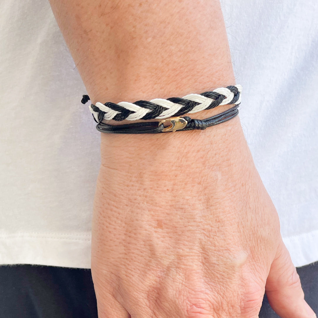 Azores Stack - Black and White Friendship Bracelet with Black String Bracelet