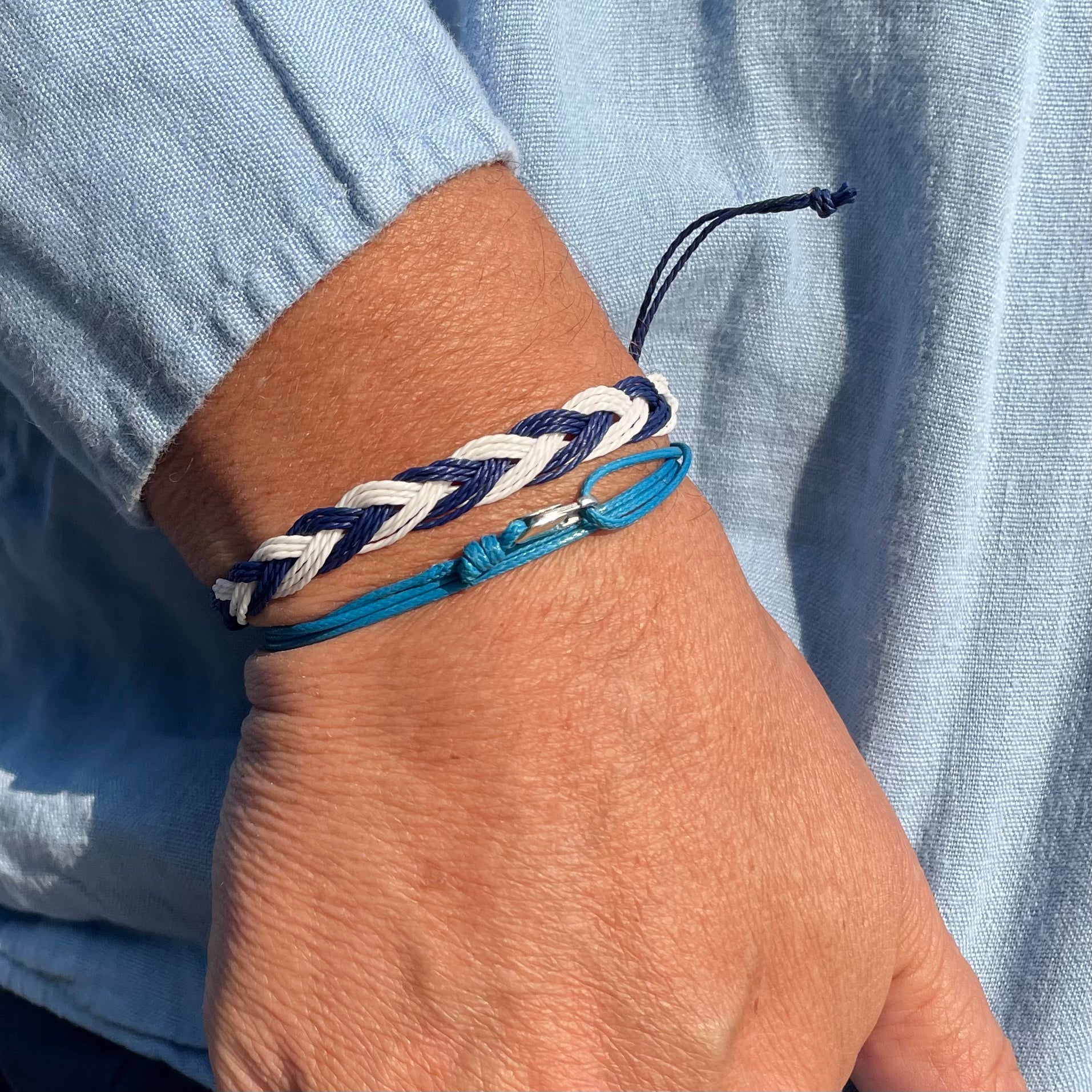 Azores Stack - Blue and White Friendship Bracelet with Turquoise Blue String Bracelet