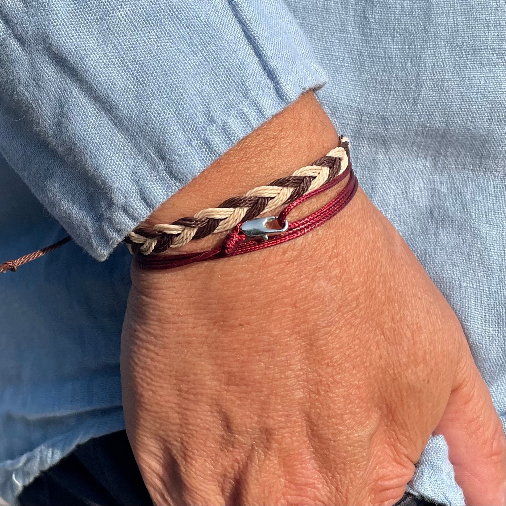 Azores Stack - Brown and Cream Friendship Bracelet with Maroon String Bracelet