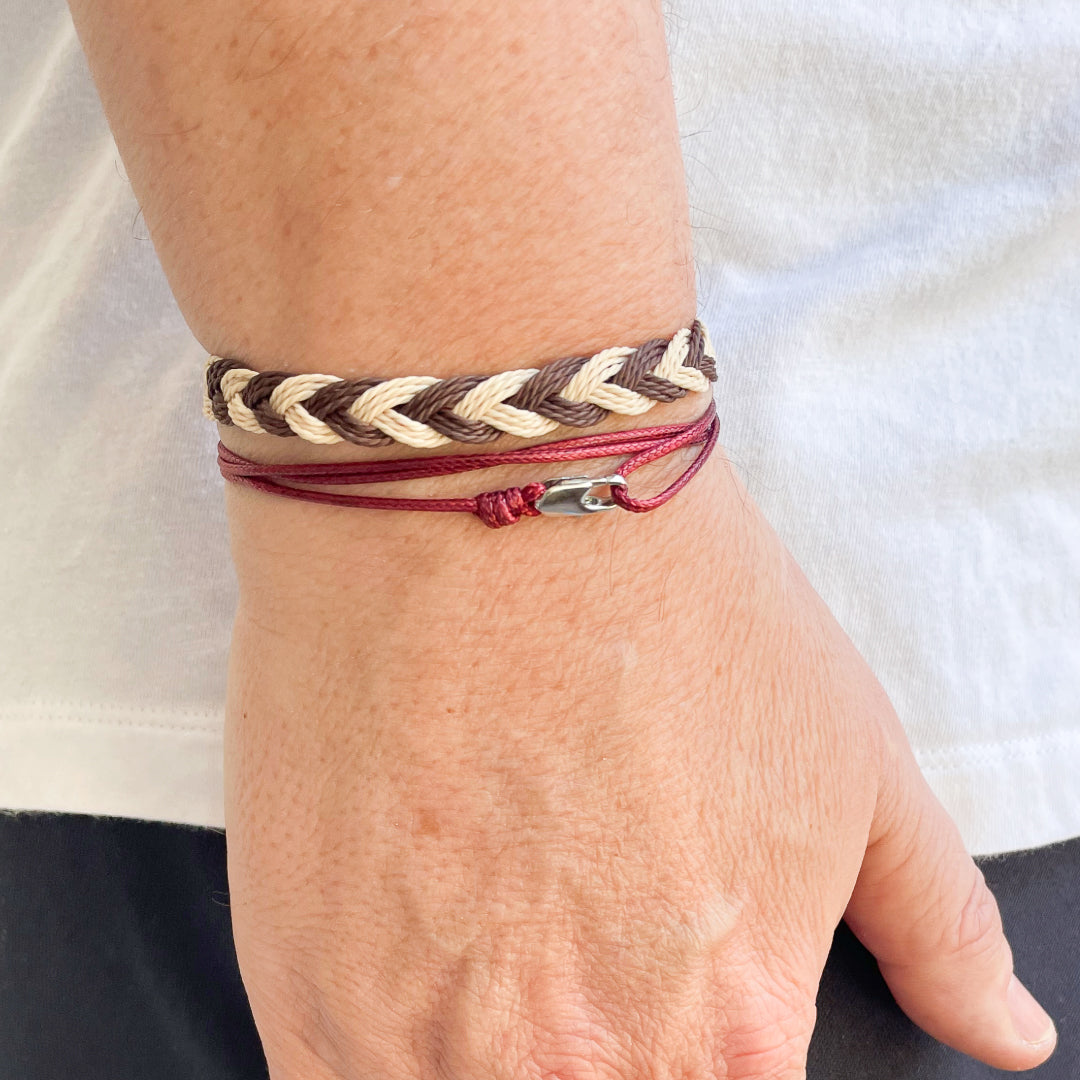 Azores Stack - Brown and Cream Friendship Bracelet with Maroon String Bracelet