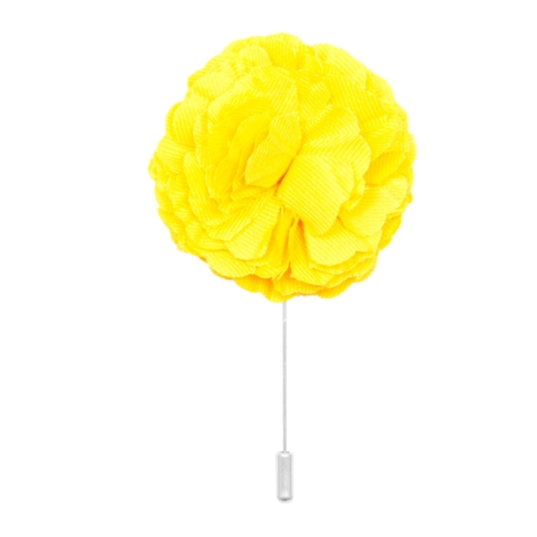yellow cotton flower lapel pin on white background men’s boutonniere