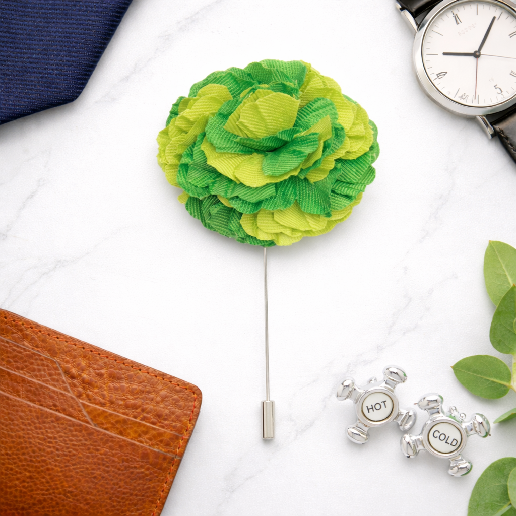 men’s bright green and light green floral lapel pin formal outfit styling