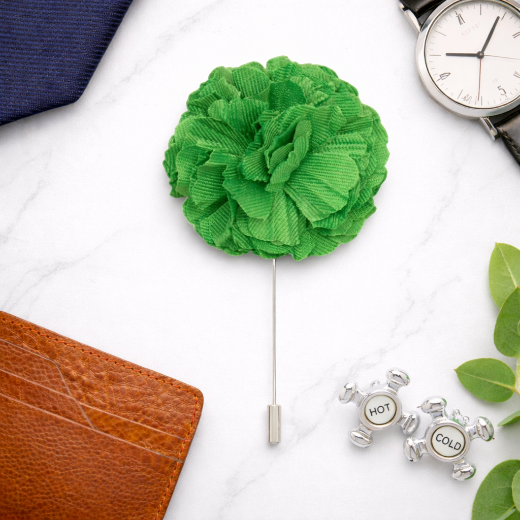 men’s green floral lapel pin formal outfit styling