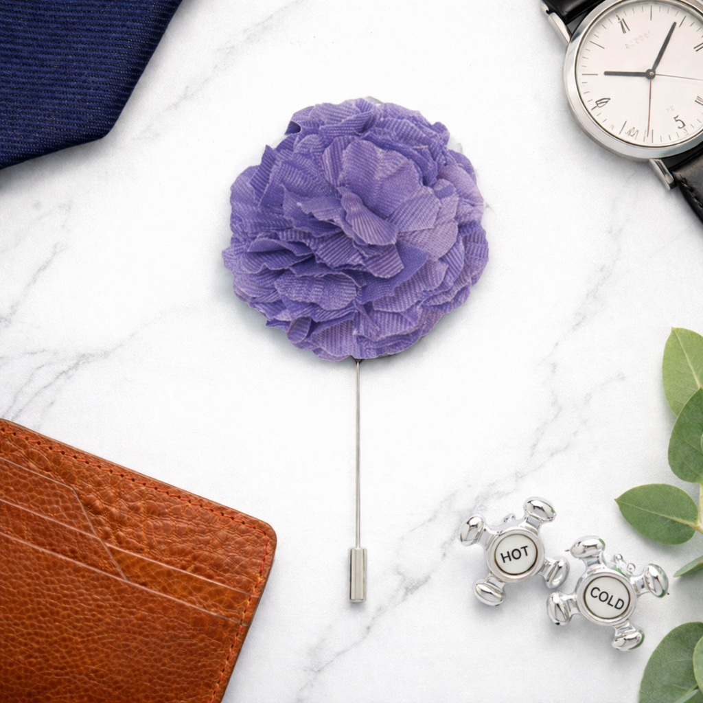 men’s lavender floral lapel pin formal outfit styling