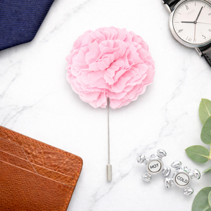 men’s light pink floral lapel pin formal outfit styling