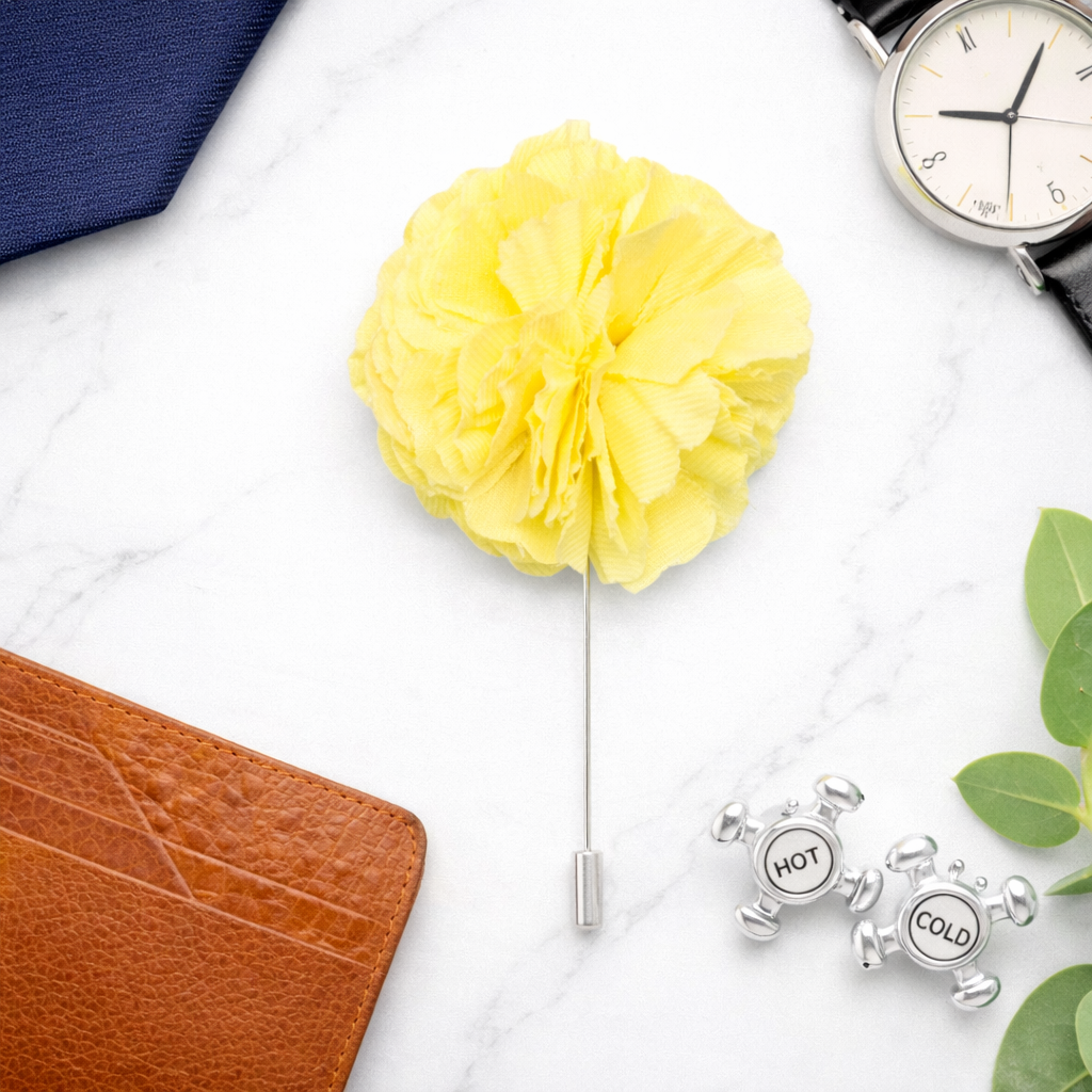 men’s light yellow floral lapel pin formal outfit styling