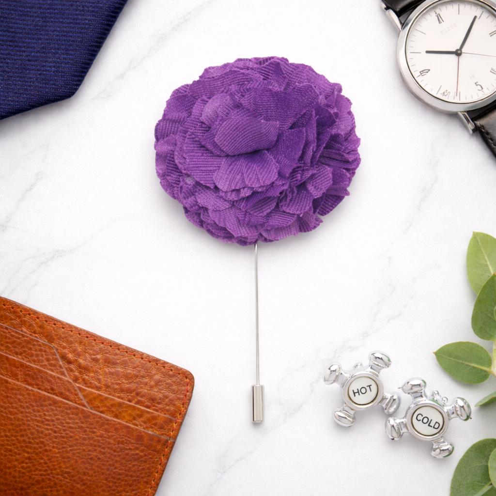 men’s purple floral lapel pin formal outfit styling