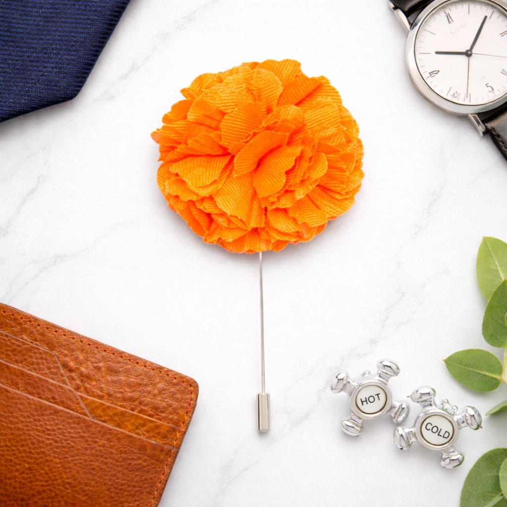 men’s orange floral lapel pin formal outfit styling
