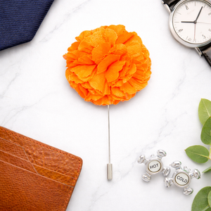 men’s orange floral lapel pin formal outfit styling

