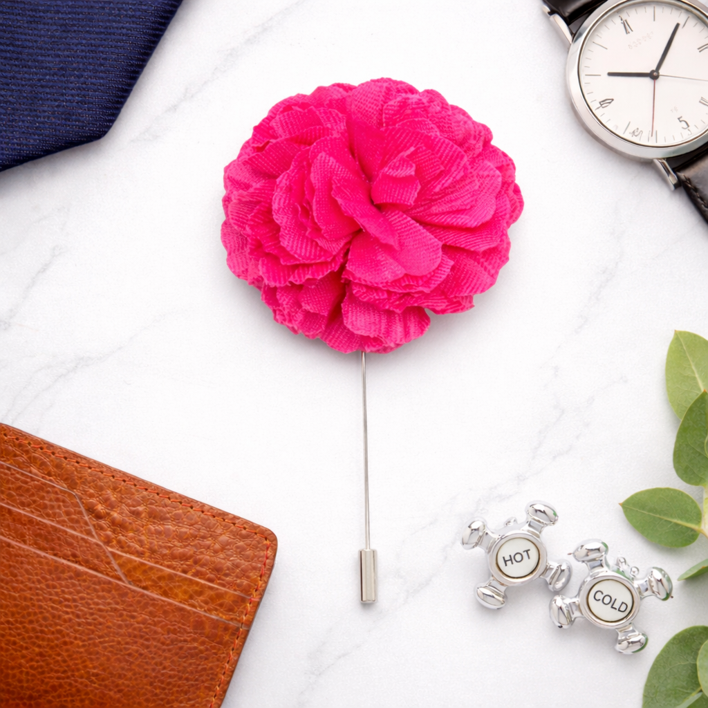 men’s pink floral lapel pin formal outfit styling
