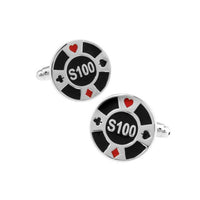 casino chip cufflinks in silver and black with red accents inspired by poker chips