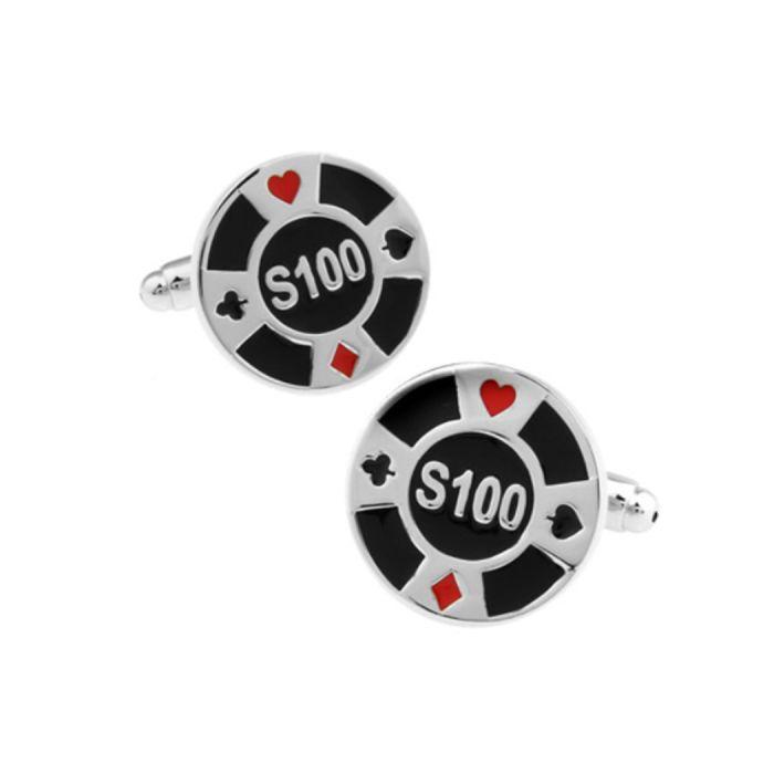 casino chip cufflinks in silver and black with red accents inspired by poker chips