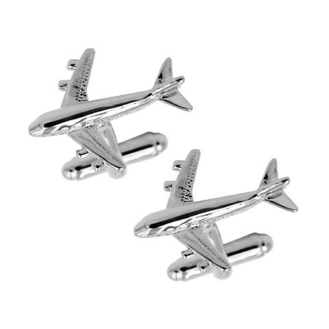 jet airplane cufflinks in polished silver with modern aviation styling