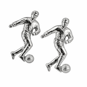 soccer player cufflinks in silver featuring athlete in motion with ball