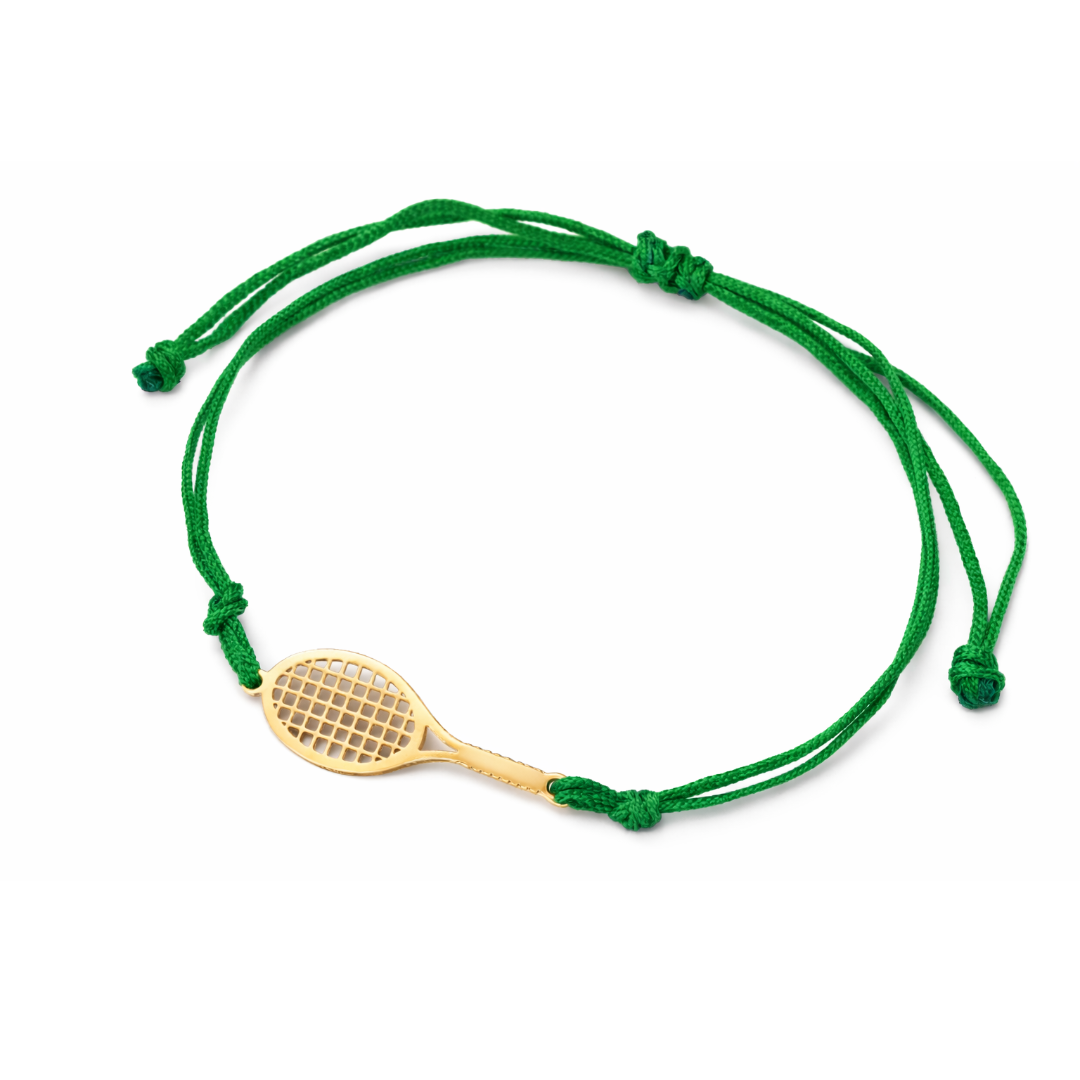 gold tennis racket bracelet with green adjustable cord