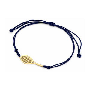 gold tennis racket bracelet with navy blue adjustable cord