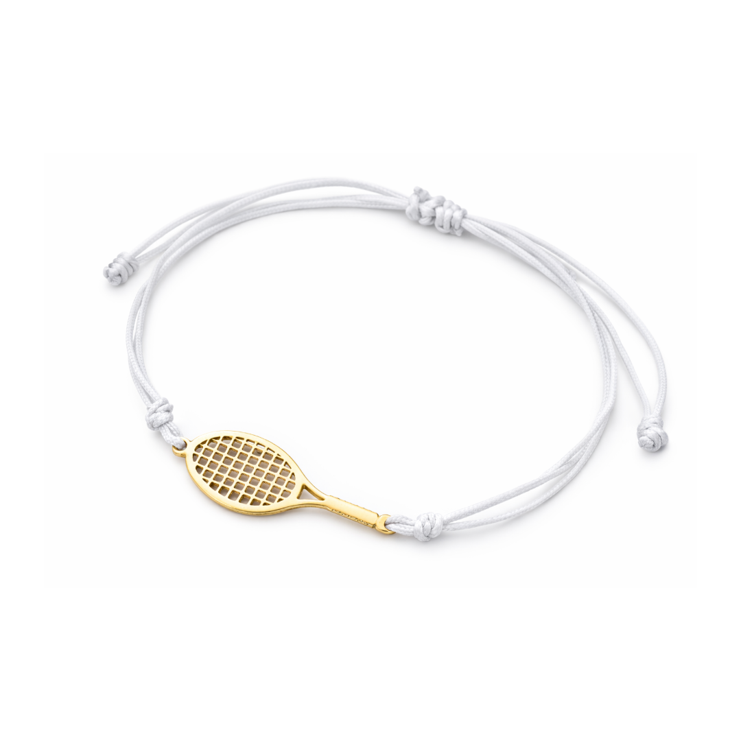 gold tennis racket bracelet with white adjustable cord