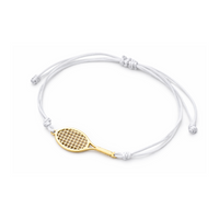 gold tennis racket bracelet with white adjustable cord
