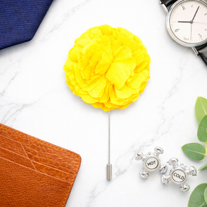 men’s yellow floral lapel pin formal outfit styling 