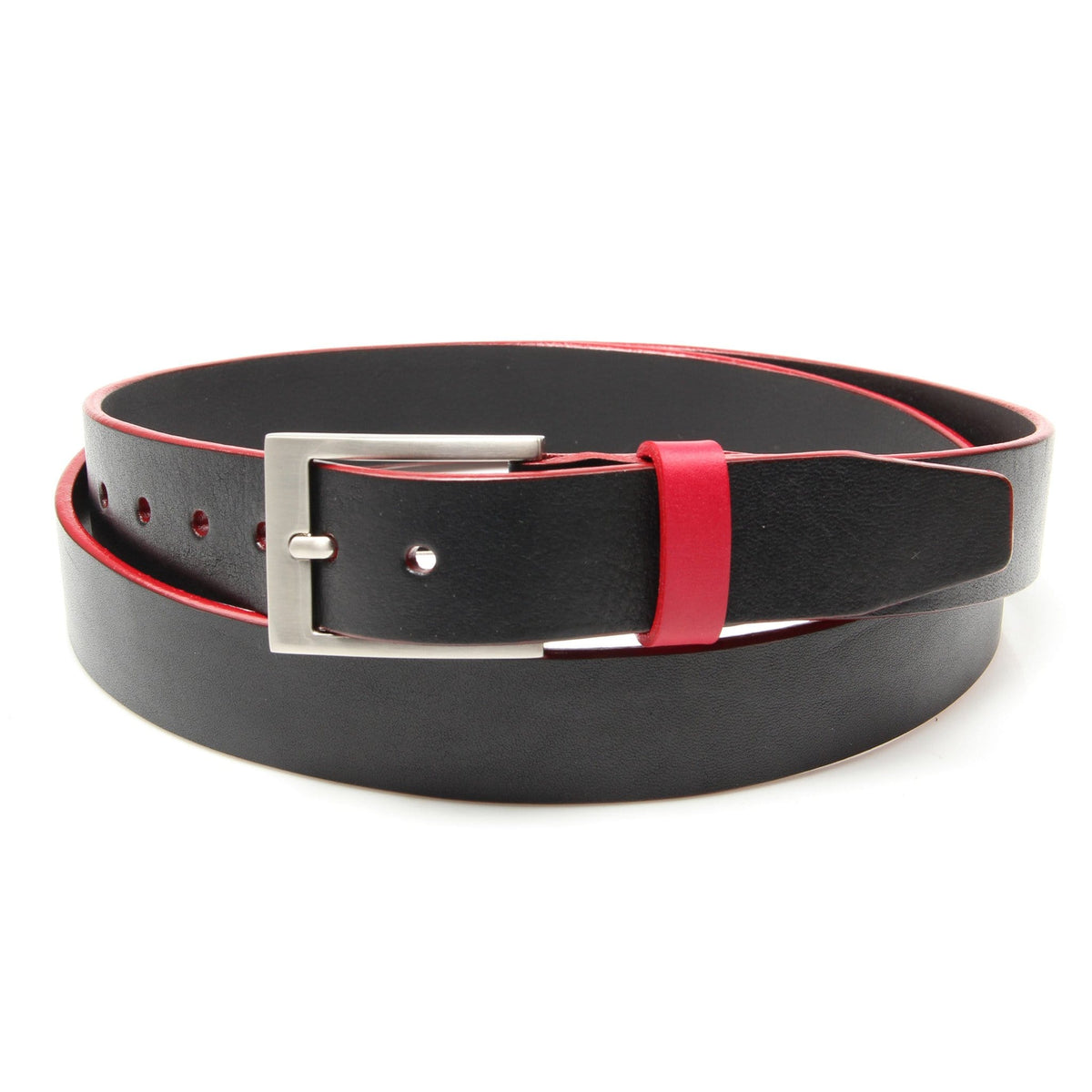Black leather belt with Portsalon Red trim and keeper - Stolen Riches