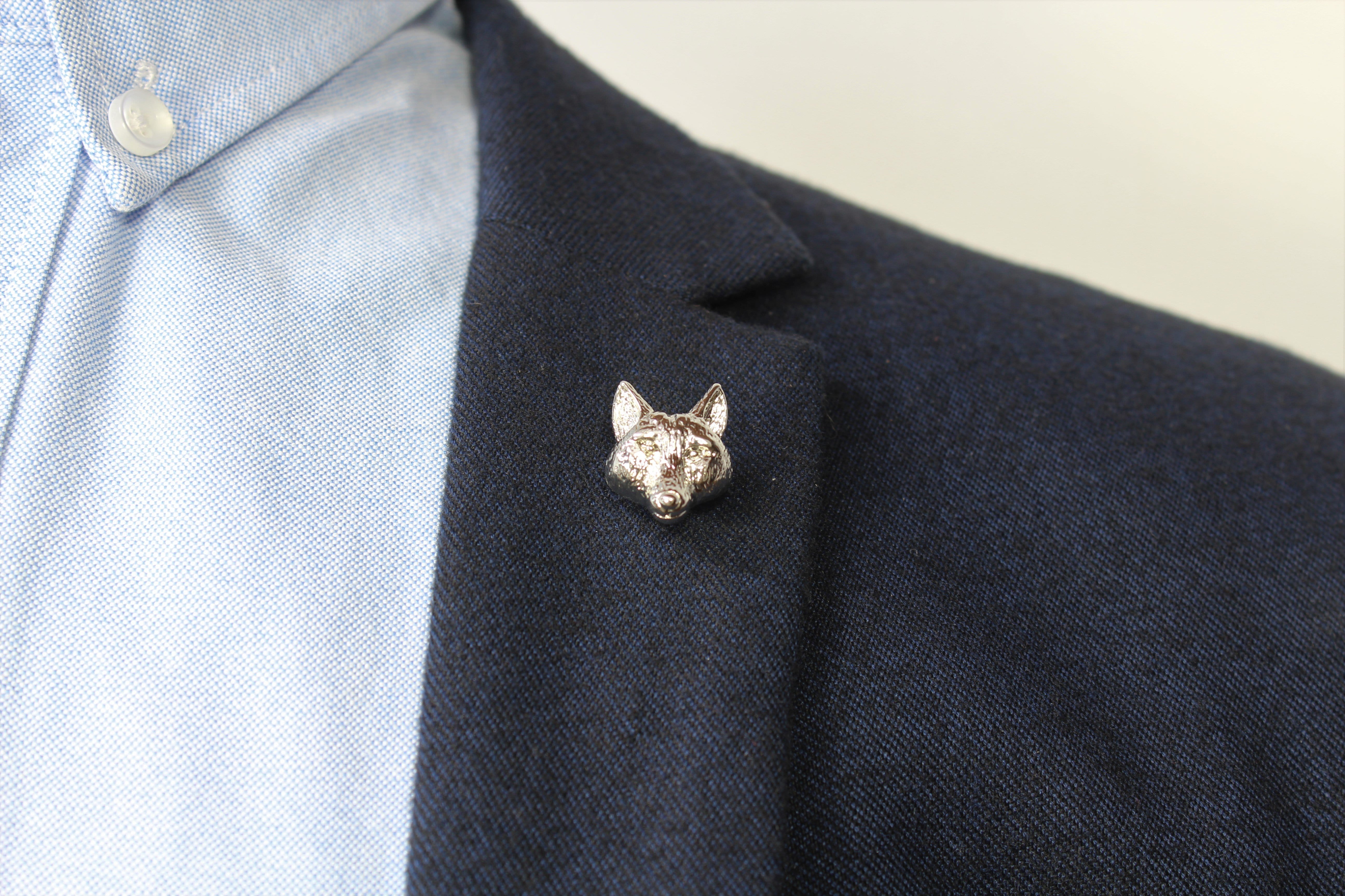 Wolf Head Lapel Pin on blazer - Stolen Riches